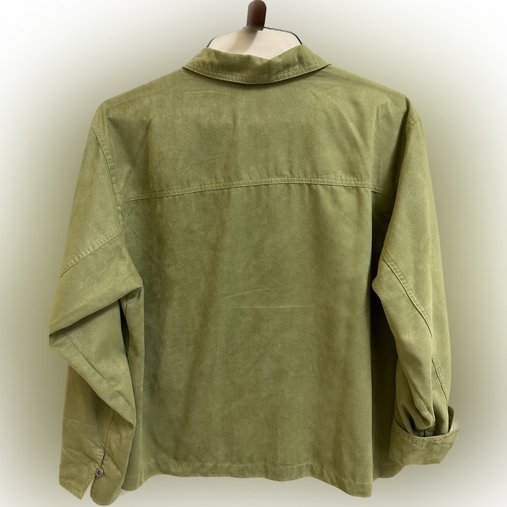 Chicos Faux Suede Long Sleeve Button Down V-Neck Sage Green Shirt Jacket - Picture 2 of 6